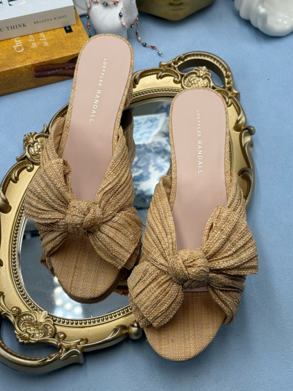 Loeffler Randall Tan Bow Knot Raffia Block Heel Mules - Picture 14 of 16